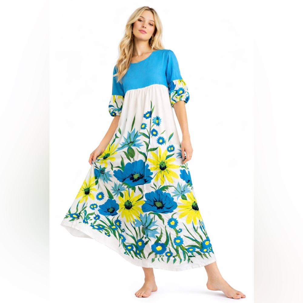Unique Vintage‎ Handmade Floral Maxi Dress Blue Yellow Boho Cottagecore Prairie